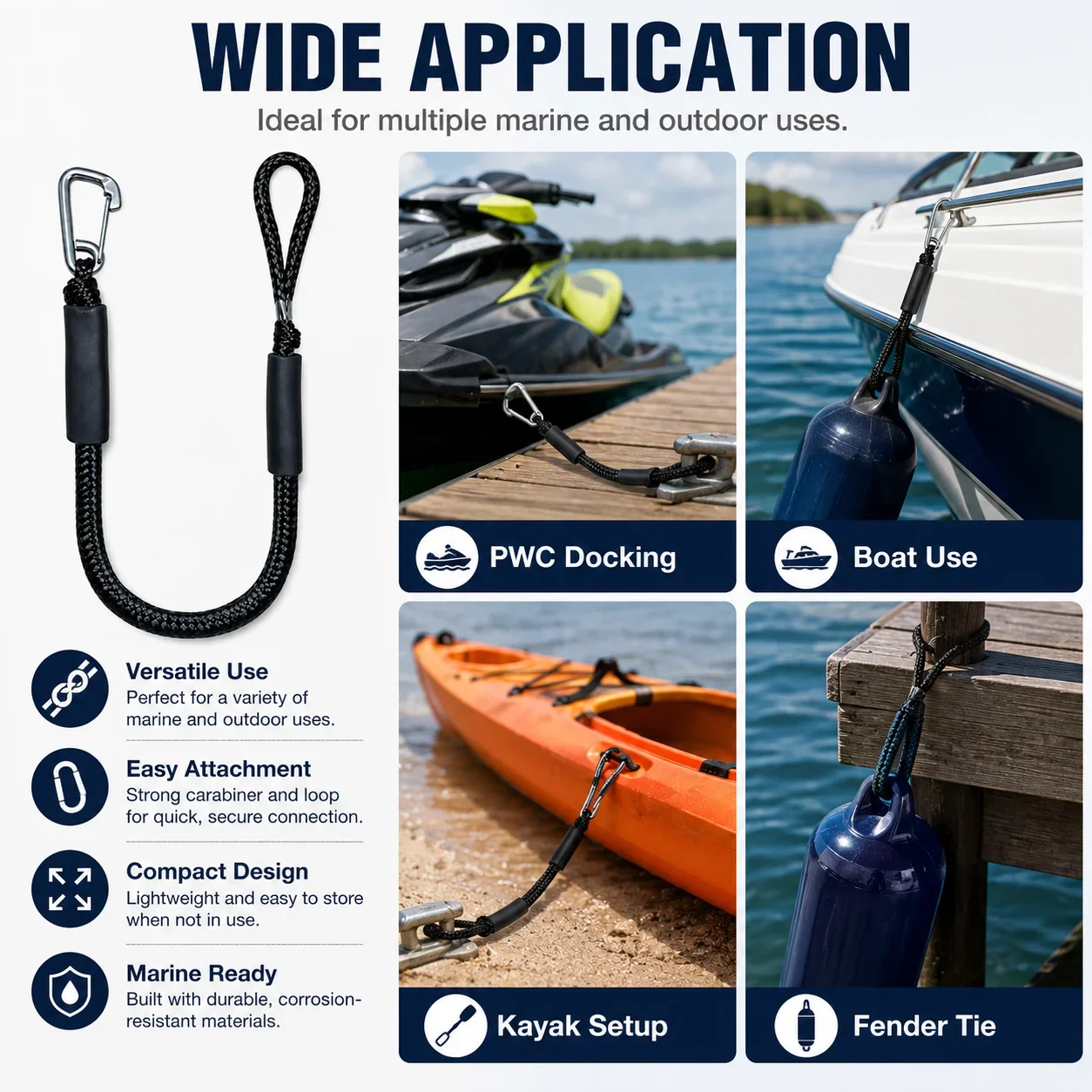 Bungee Dock Lines with Flexible Stretch Design for Mooring Kayaks Canoes Pontoons Powerboats and Personal Watercraft at Docks
