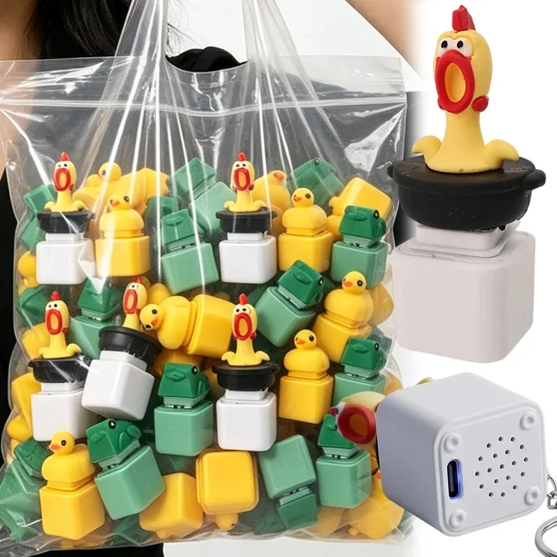 Creative Pressure-relief Keychain with Sound-activated  LED Rechargeable Button Small Cute Screaming Chicken Frog Duck Keyrings