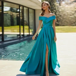 Simple Off Shoulder Mother of the Bride Dresses V Neck Wedding Party Gowns Front Slit Floor Length A-Line Satin فساتين السهرة