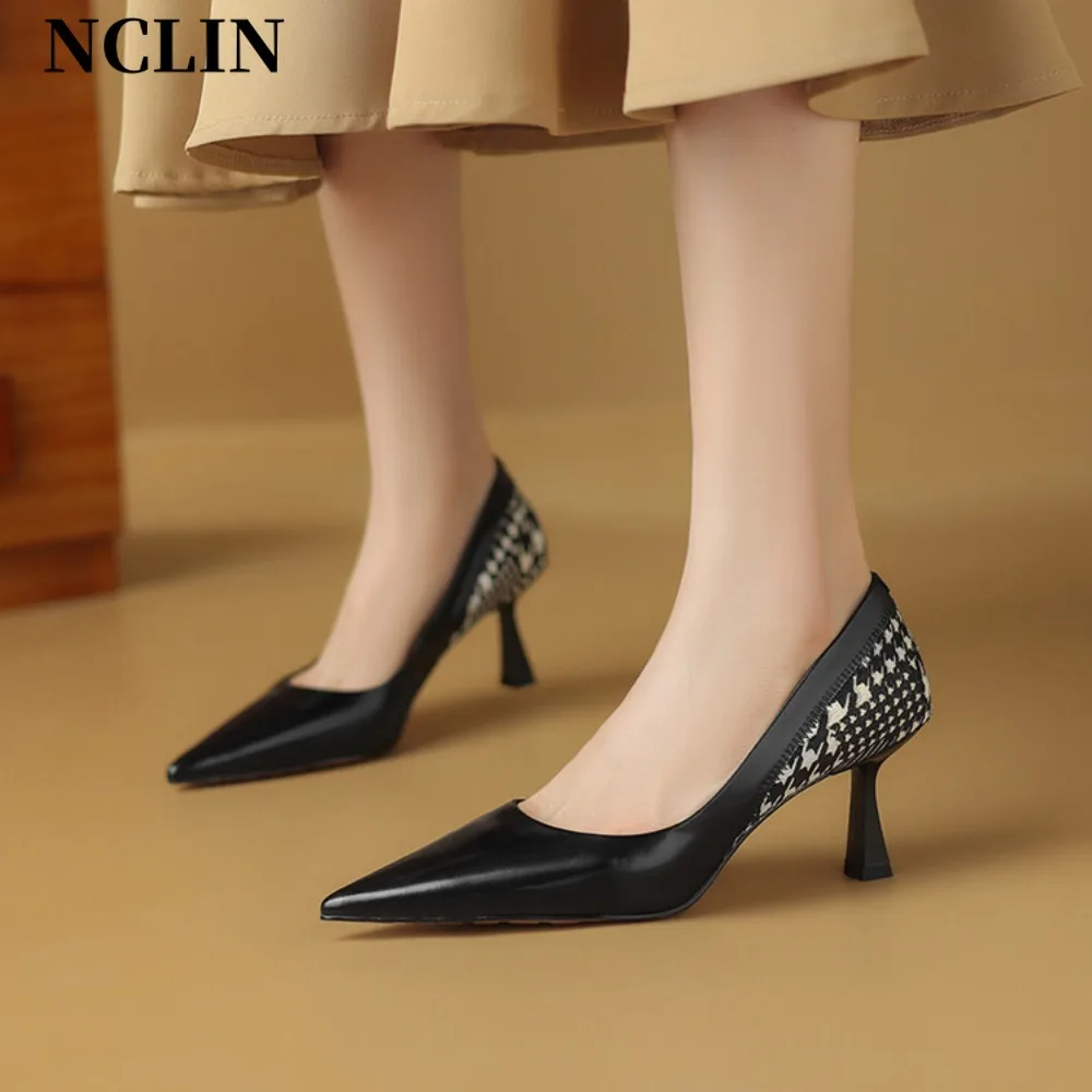 

New Women Pumps Black High Heels Lady Genuine Leather Shallow Thin Heels Spring Pointed Single Shoes Slip-On Female Shoes