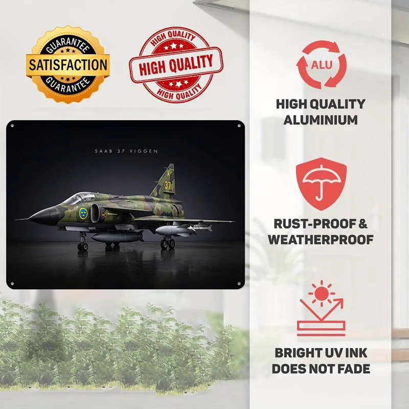 SAAB 37 Viggen Fighter Jet 3D Texture Metal Poster Customized Wall Art Tin Sign Gift for Mancave Decor Room Bar Accessories Home