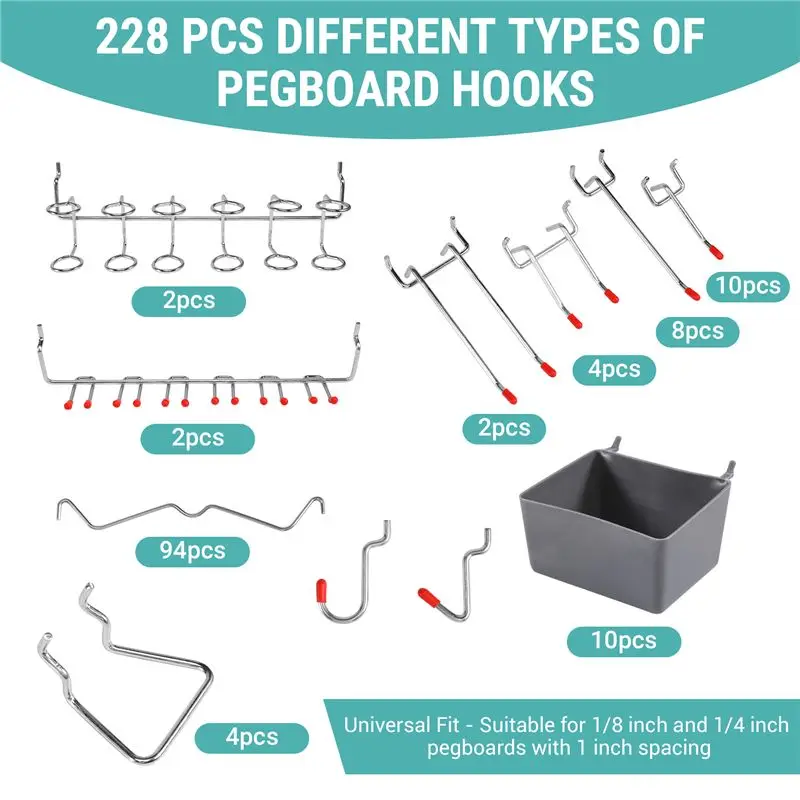 AEE3-228 Pcs Pegboard Hooks Assortment With Metal Hooks Sets, Pegboard Bins, Peg Locks For Organizing Storage System Tools