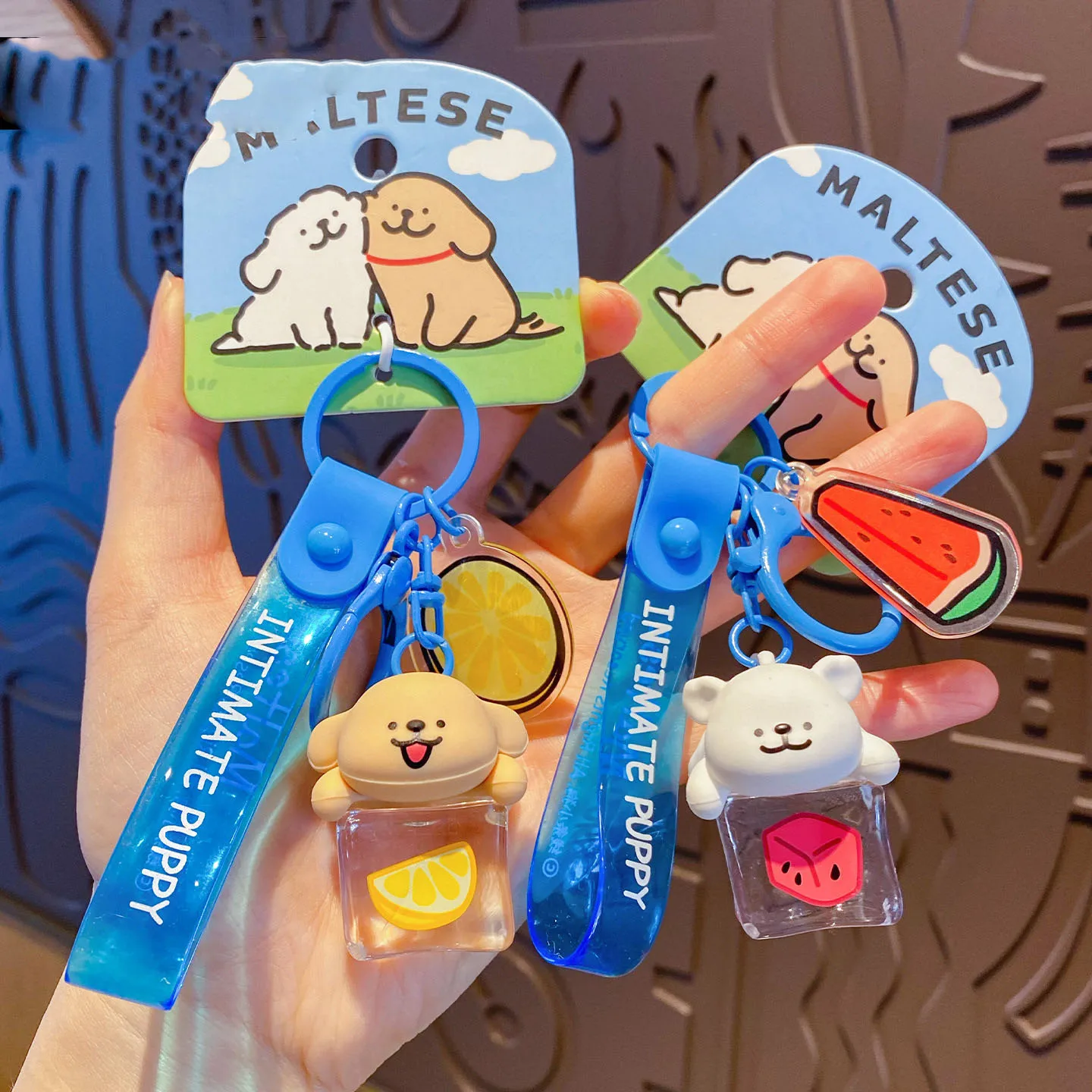 Summer Ice Cubes Line Puppy Keychains For Women Y2k Watermelon Lemon Puppy Pendant Keyring Couple Car Key Chains Gift Decoration