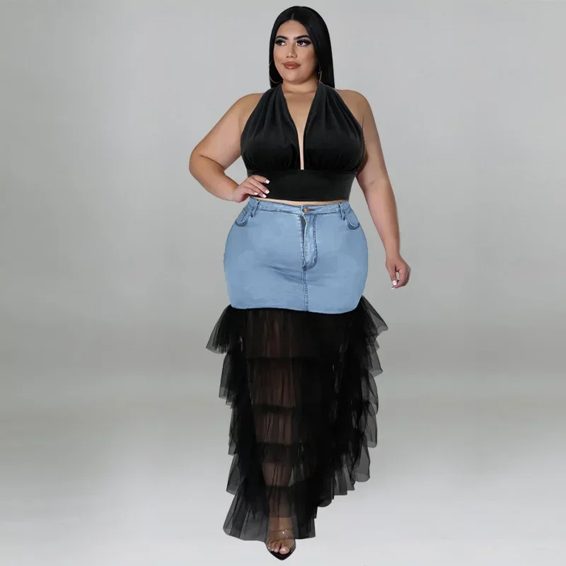 KEXU Cascade Ruffle Patchwork Zipper Fly High Waist Bodycon Long Denim Skirt 2024 Plus Size Women Streetwear Fashion Jean Skirts