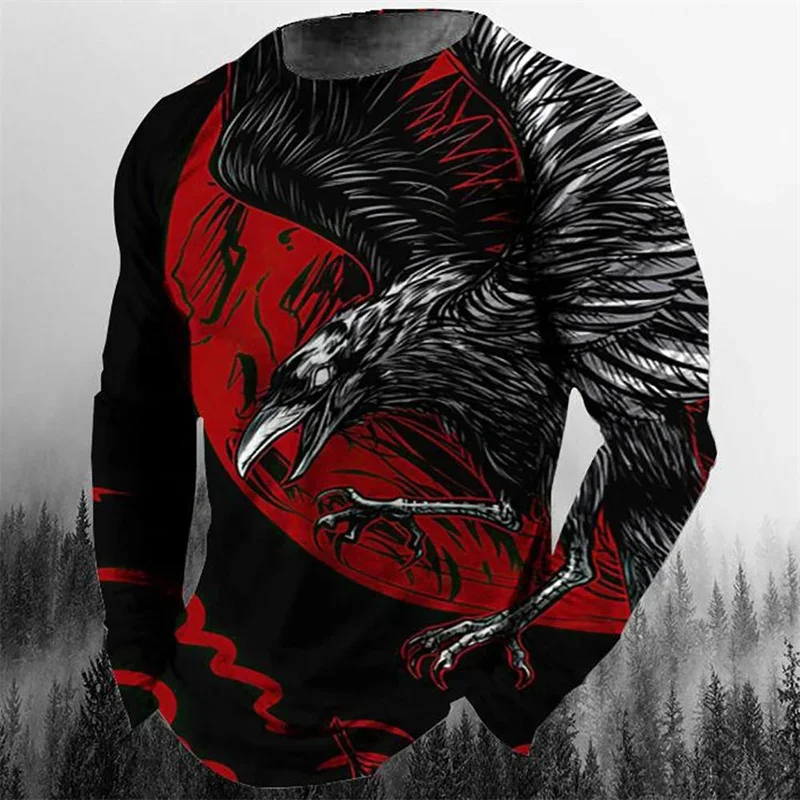 Multicolor Eagle Raven Long Sleeve T Shirt Men Animal Graphic Cool Loose Fashion Trendy Streetwear Novelty Vintage Outdoor