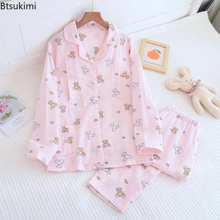 New 2025 Women's 100% Cotton Double Layer Gauze Long Sleeved Pants Pajama Sets Cute Cartoon Pregnant Women Breastfeeding Pajamas