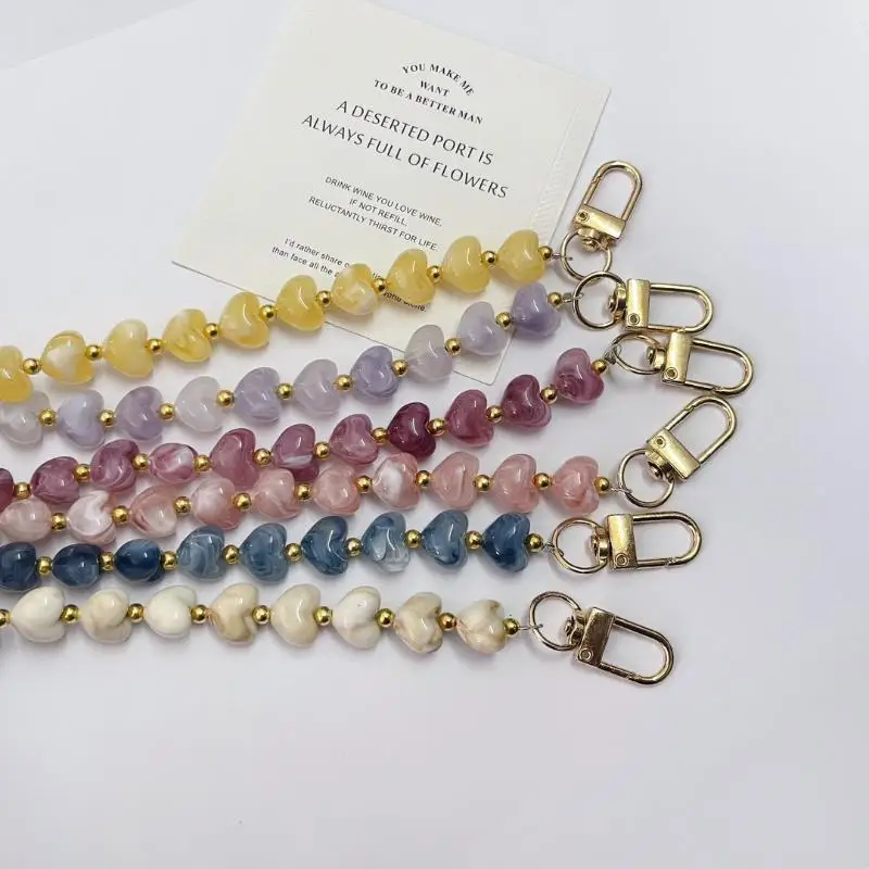 Aesthetic Y2K Mobile Phone Lanyard Love Heart Beaded Pendant Chain for Phone Bag Key Hanging Ornament Women