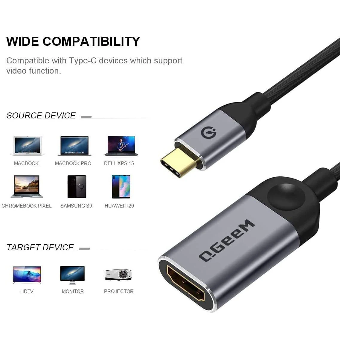 QGeeM USB C to HDMI Adapter 4K Cable, USB Type-C to HDMI Adapter Thunderbolt 3 4 Type C HDMI Adapter for Laptop MacBook Pro Air