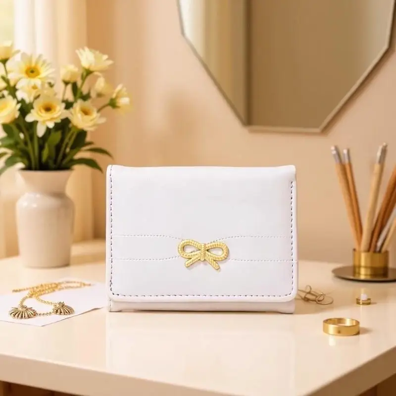 New Minimalist Solid Color Faux Leather Compact Wallet With Golden Bow Decoration Women's coin purse card holder