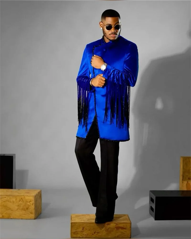 

Royal Blue Men Suits Set 2 Pcs Blazer+Black Pant Trousers Beaded Tassel Wedding Tuxedo Formal Office Groom Prom Jacket Coat