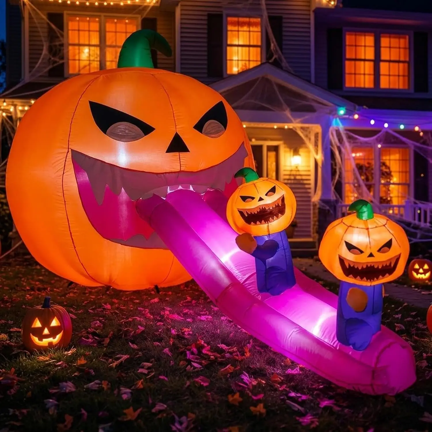 Giant 9FT Halloween Inflatable Pumpkin Monster with Long Tongue Slide LED Outdoor Decorations Creepy Blow up for Holiday
