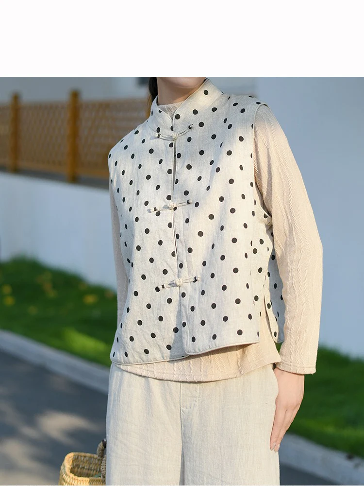 Chaleco de lino con cuello mandarín para mujer, chalecos de estilo chino, principios de otoño