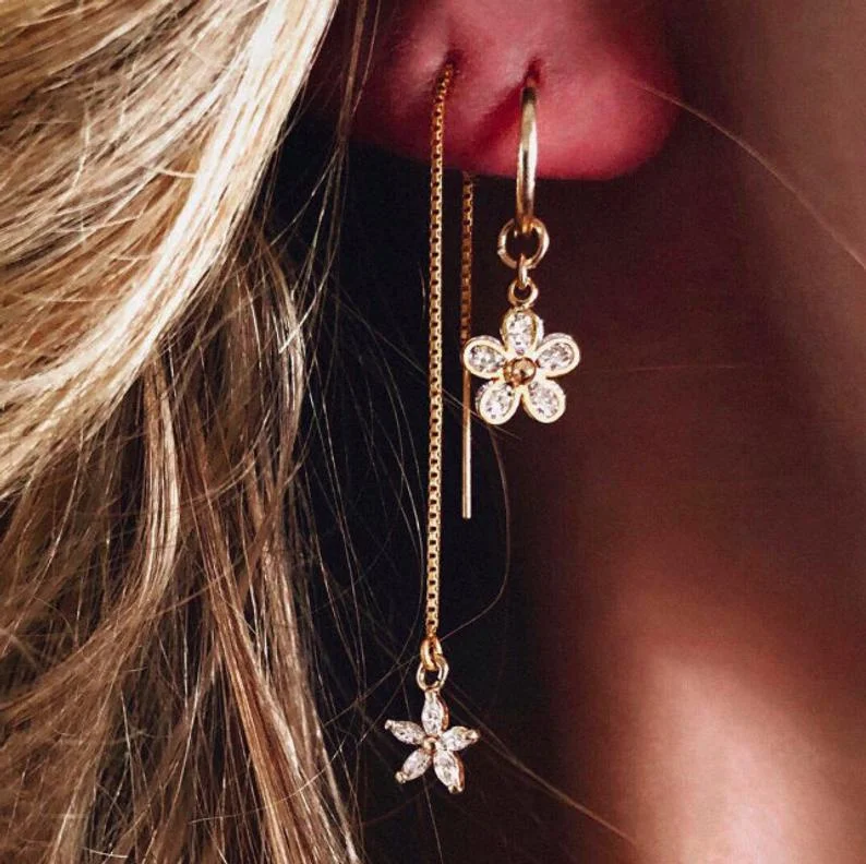 

18K gold Tassel Round Bead Long Drop Earring for Lady Personalized Hip Hop Trend with Diamond Tassel Earrings Party Jewelry 2pcs