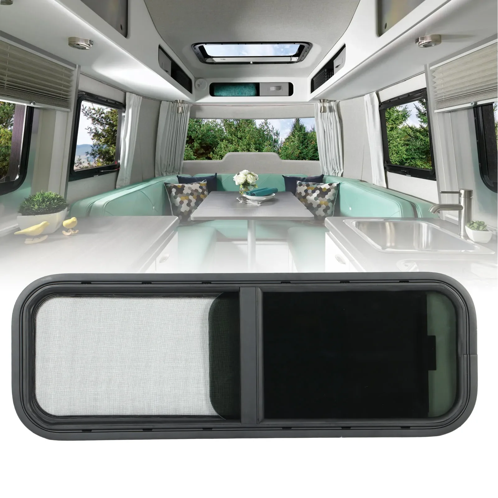 Camper Trailer 900x300mm Round Angle Sliding RV Window Black Tempered Glass Shade Window