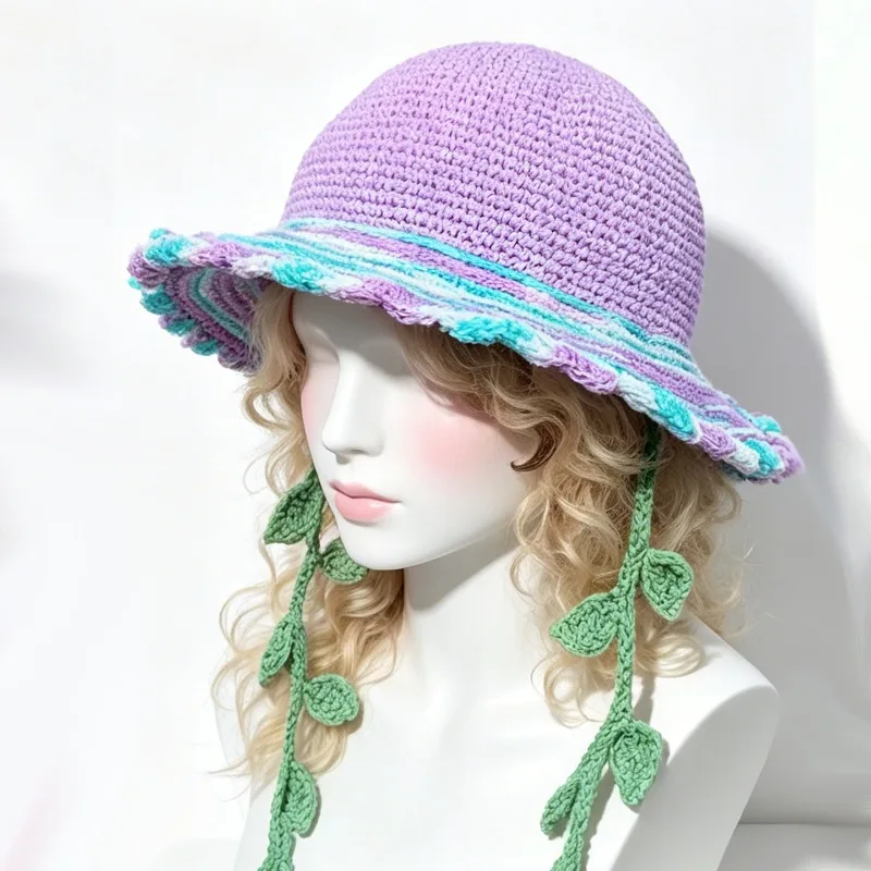 Handmade Colorful Straw Sun Bucket Hat Women Custom Crochet Summer Striped Leaf Tie Knit Beanie Girls Casual Oudoor Sweet Caps