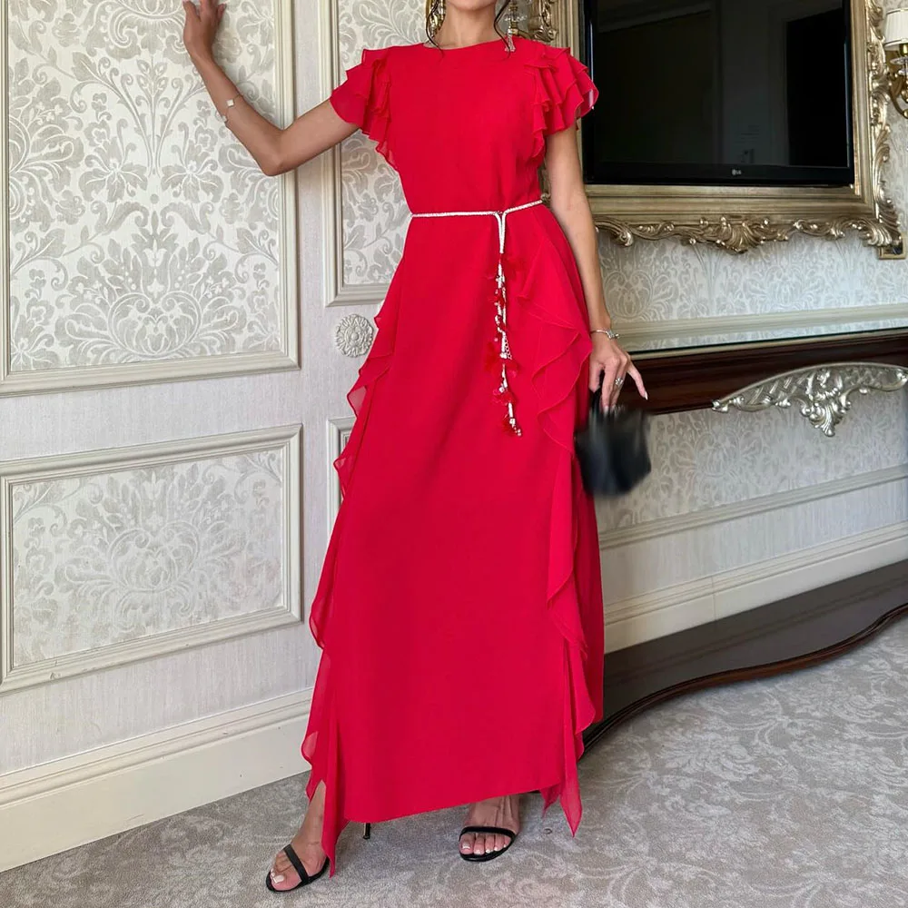 

Customized A-line Evening Dresses Ankle-length O-neck Sleeveless Prom Gown Simple Fashion Sashes Draped Casual Party Gown