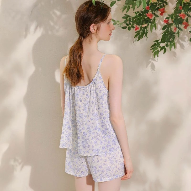 Floral Sleeveless Pajama Sets Women Summer Elegant Bandage Aesthetic Casual Home Sexy Sleepwear Fashion Comfort Mujer Clothes