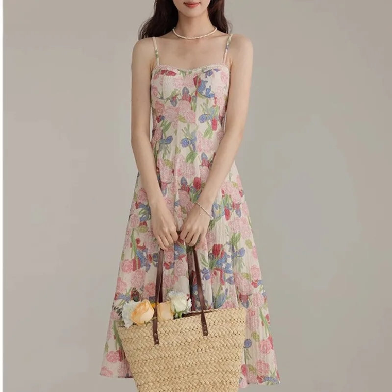 Vestido largo Retro con estampado Floral para mujer, traje con cuello Halter, estilo veraniego