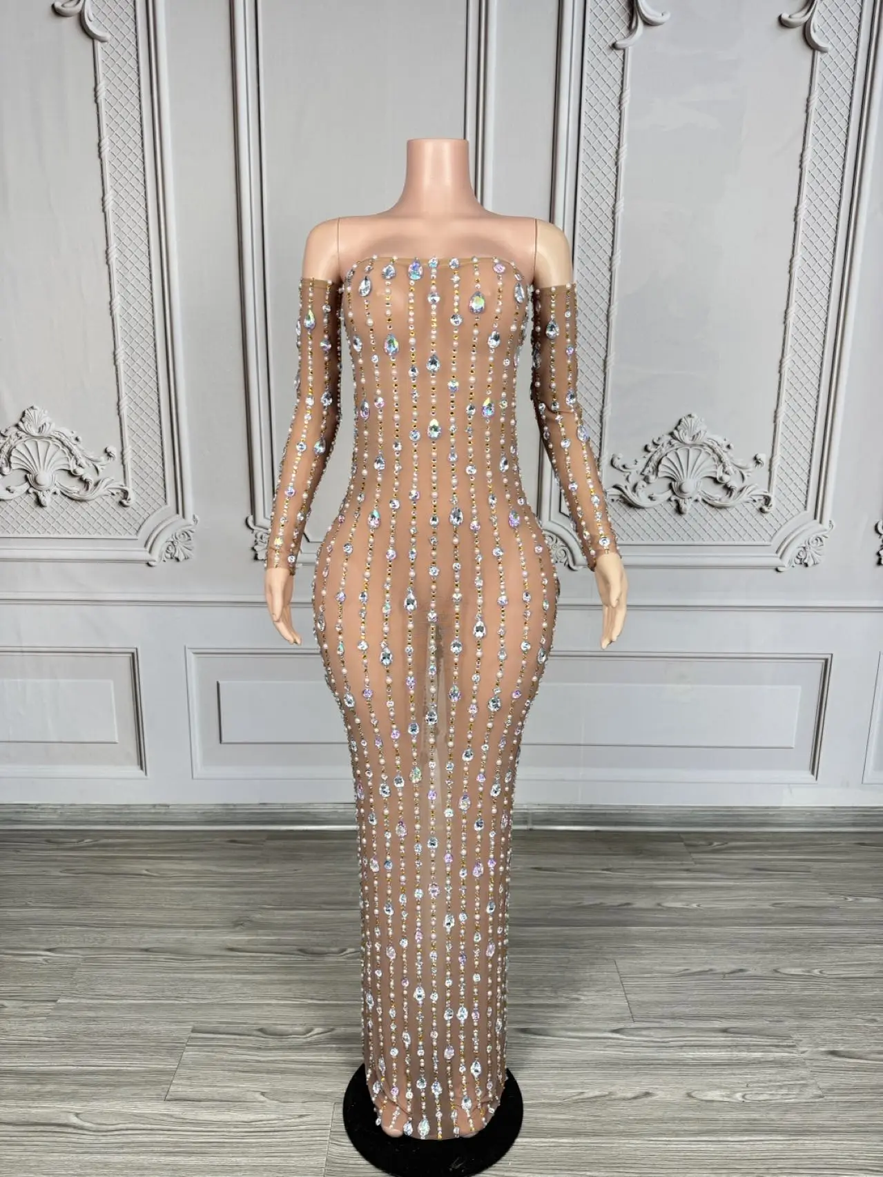 High-end-Luxus Kristalle Bodycon Liebsten Lange Kleider Handschuhe Frauen Sexy Durchsichtig Mesh Feiern Prom Abendkleid Yuzhou