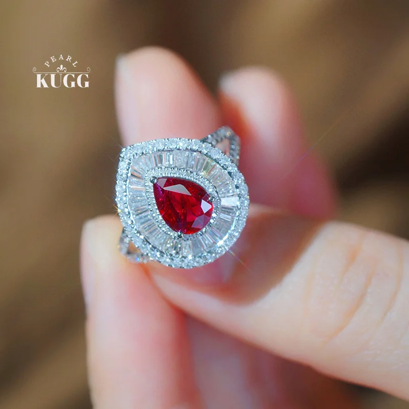 KUGG 100% 18K White Gold Rings Luxury Diamond Jewelry Natural Ruby Engagement Ring for Women Classic Design Senior Banquet