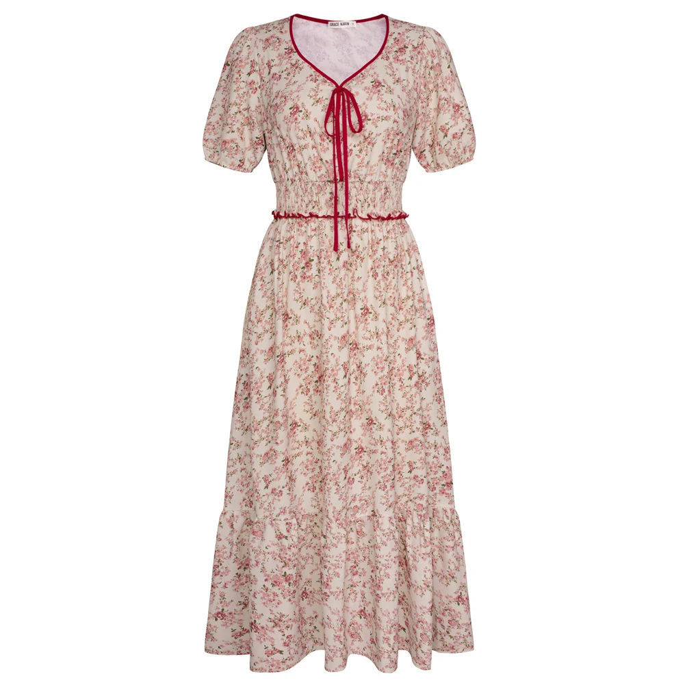 

GK Women Ladies Elastic Waist Dress Short Sleeve V-Neck Tiered A-Line Middle Calf Dress Short Sleeves With Elastic Opening