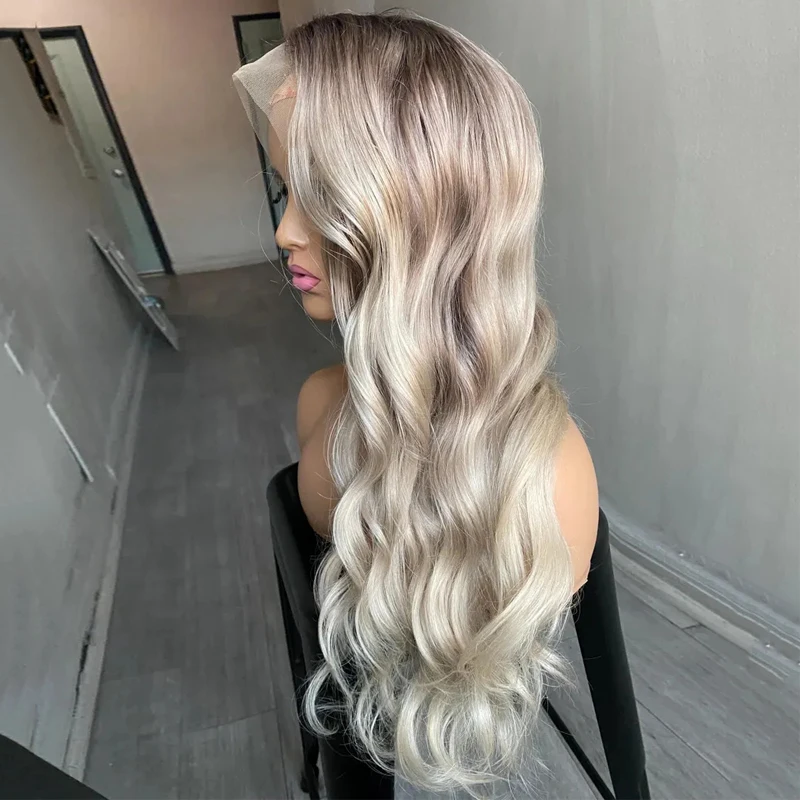 

Парик Icey Platinum Blonde, пепельные корни, расплавленный парик спереди, синтетические парики шнурка для женщин, предварительно сорванные 24-дюймовые объемные волны, женские парики