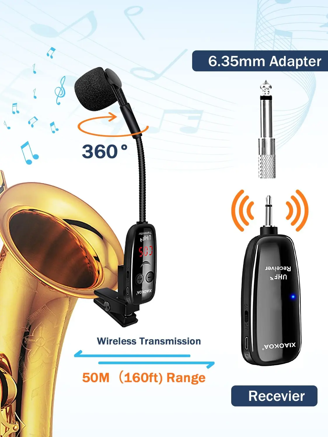 XIAOKOA UHF Wireless Instruments Saxophon-Mikrofon, kabelloser Empfänger, Sender, 160 Fuß Reichweite, Plug-and-Play, ideal für Trompeten – Detail 3