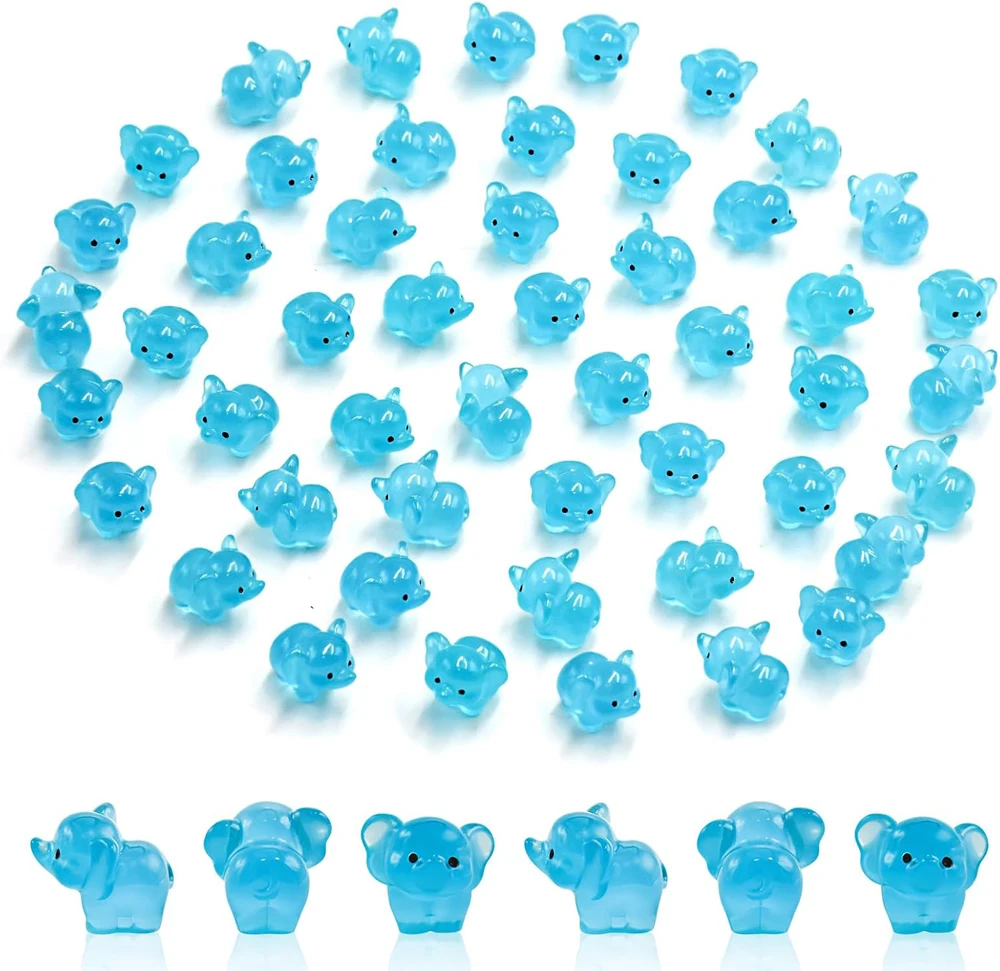 50Pcs Mini Blue Elephant Animals Luminous Tiny Resin Animals Elephants for Micro Fairy Garden Landscape Aquarium Decorations