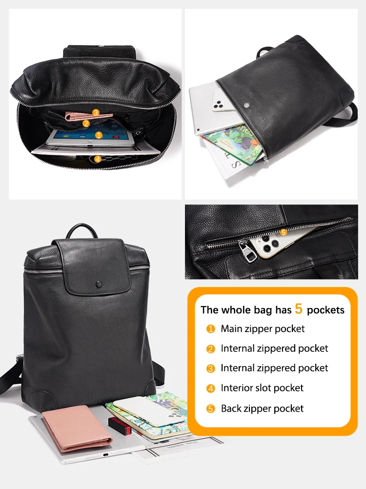 Zency 2025 Genuine Leather Black Backpack Multi-pocket Design Knapsack Flap Bag for Summer Winter Large Capacity For A4 Ipad
