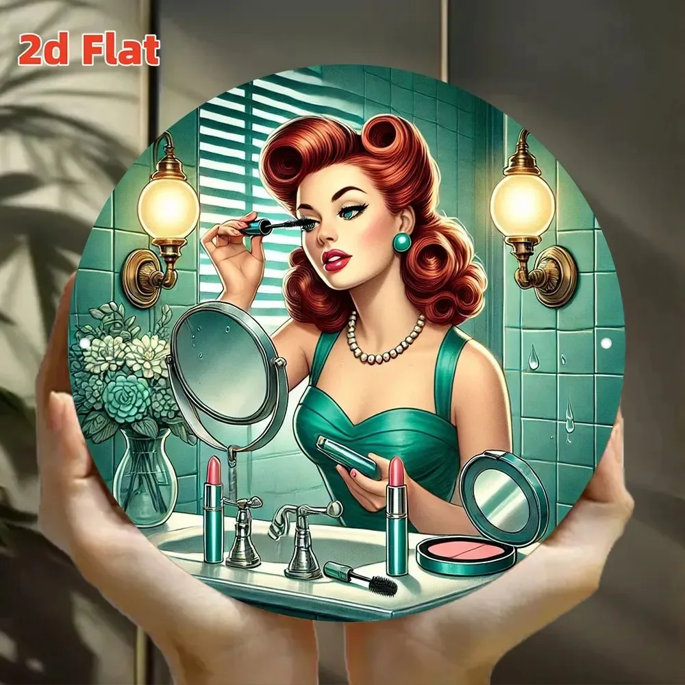 Retro Vintage Hollywood Metal Wall Art, Round Aluminum Tin Sign for Makeup Room