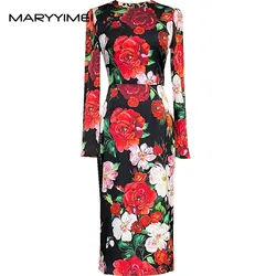 MARYYIMEI Autumn and winter Women's Elegant Dress Long-Sleeved Pretty Slim-Fit Hip Wrap Straight Rose Print Silk Dresses