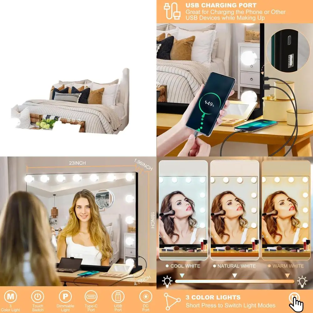 مرآة زينة مضيئة مع 15 لمبة LED، تكبير 10X، 3 أوضاع ألوان، إطار معدني، حامل على سطح الطاولة/الحائط، 23 × 18 #1