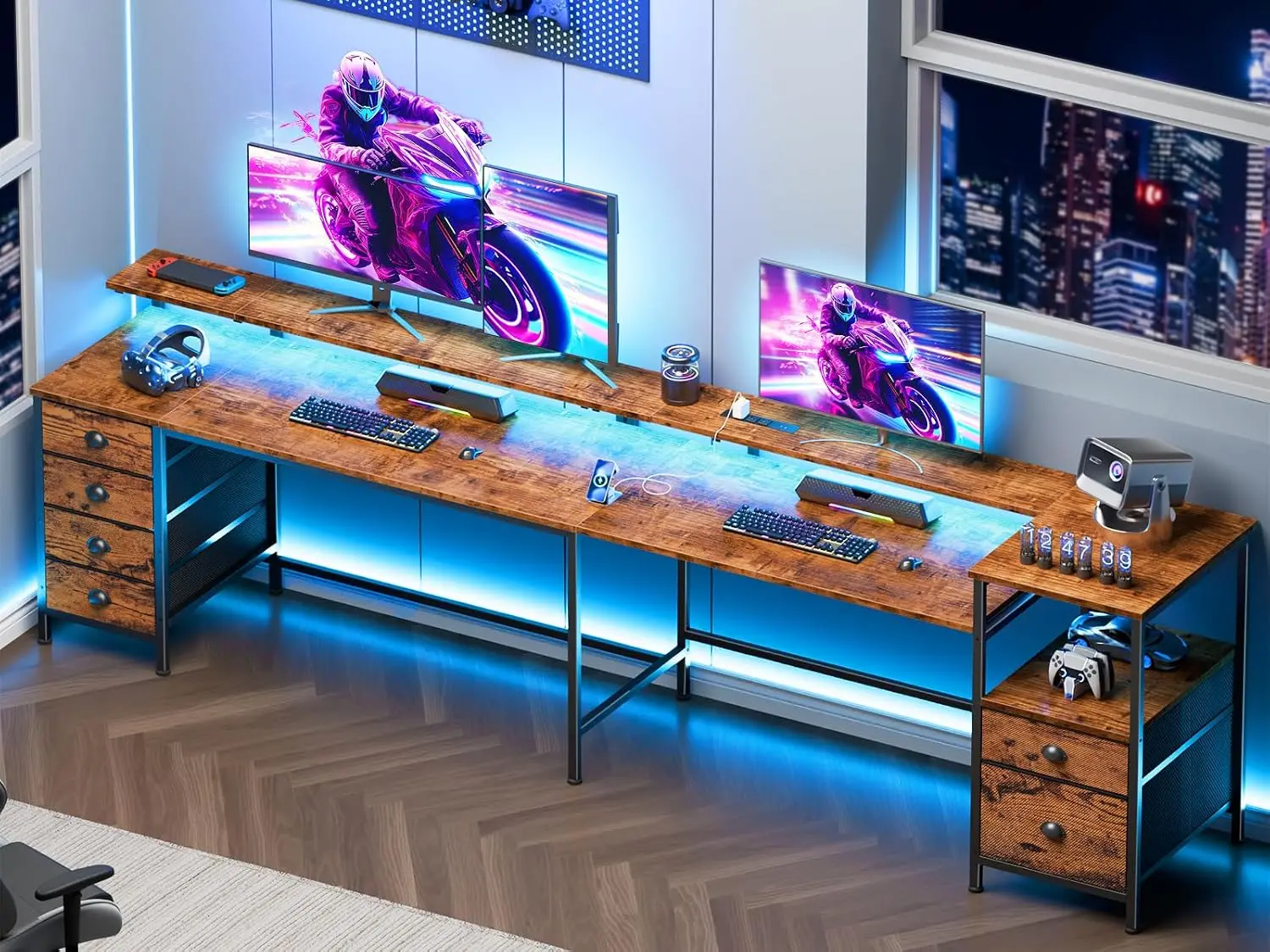 95'' Two Person Computer Desk With 6 Drawers & LED, Rustic Brown, Customized