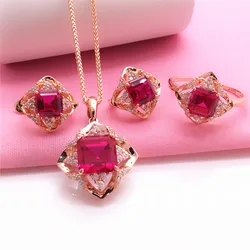 585 purple gold jewelry set 14k rose gold inlaid rhombus rubies earrings for women rings necklaces wedding engagement gift