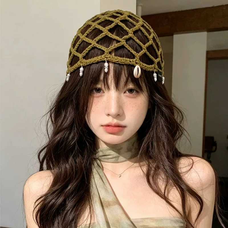 New Handmade Shell Beaded Tassel Pullover Hats for Women Summer Travel Light and Breathable Versatile Atmosphere Retro Beanies
