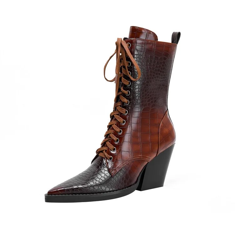 Botines de mujer con diseño de piel de cocodrilo, cordones, punta afilada, tacón ancho, estilo retro y elegante, ideales para montar a caballo, botines cortos de moda, calzado de invierno elegante F626.