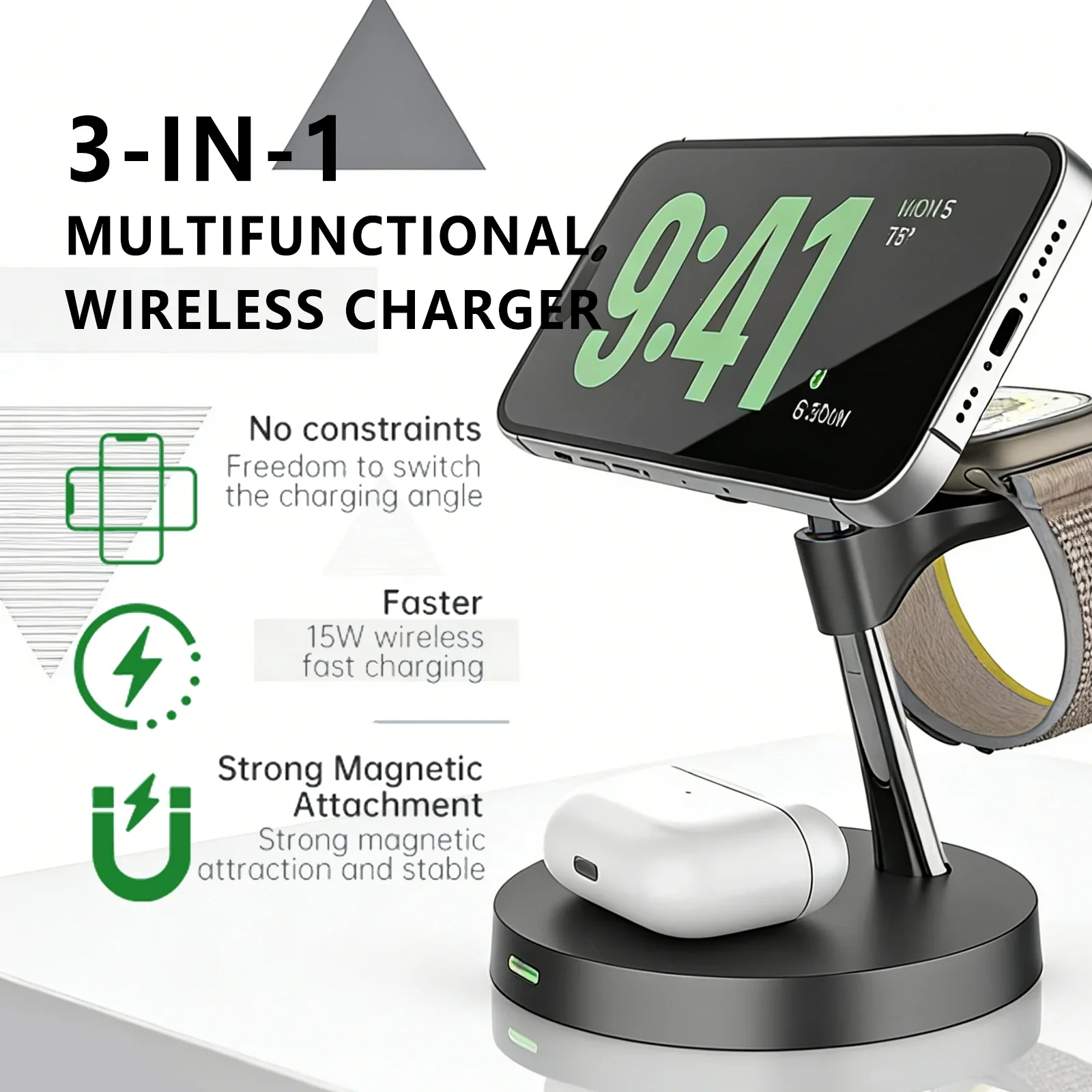 15W 3 IN 1 Wireless charger station for iPhone 17 16 15 14 13 Promax For Apple Watch For Airpords Fast Charging Stand