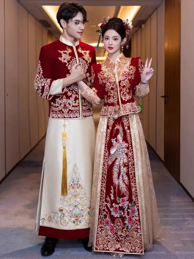 Velvet Xiuhe Clothing 2025 New Bridal Wedding Dress Chinese Large Size 6XL Toast Dress Spring/Summer Female Qipao