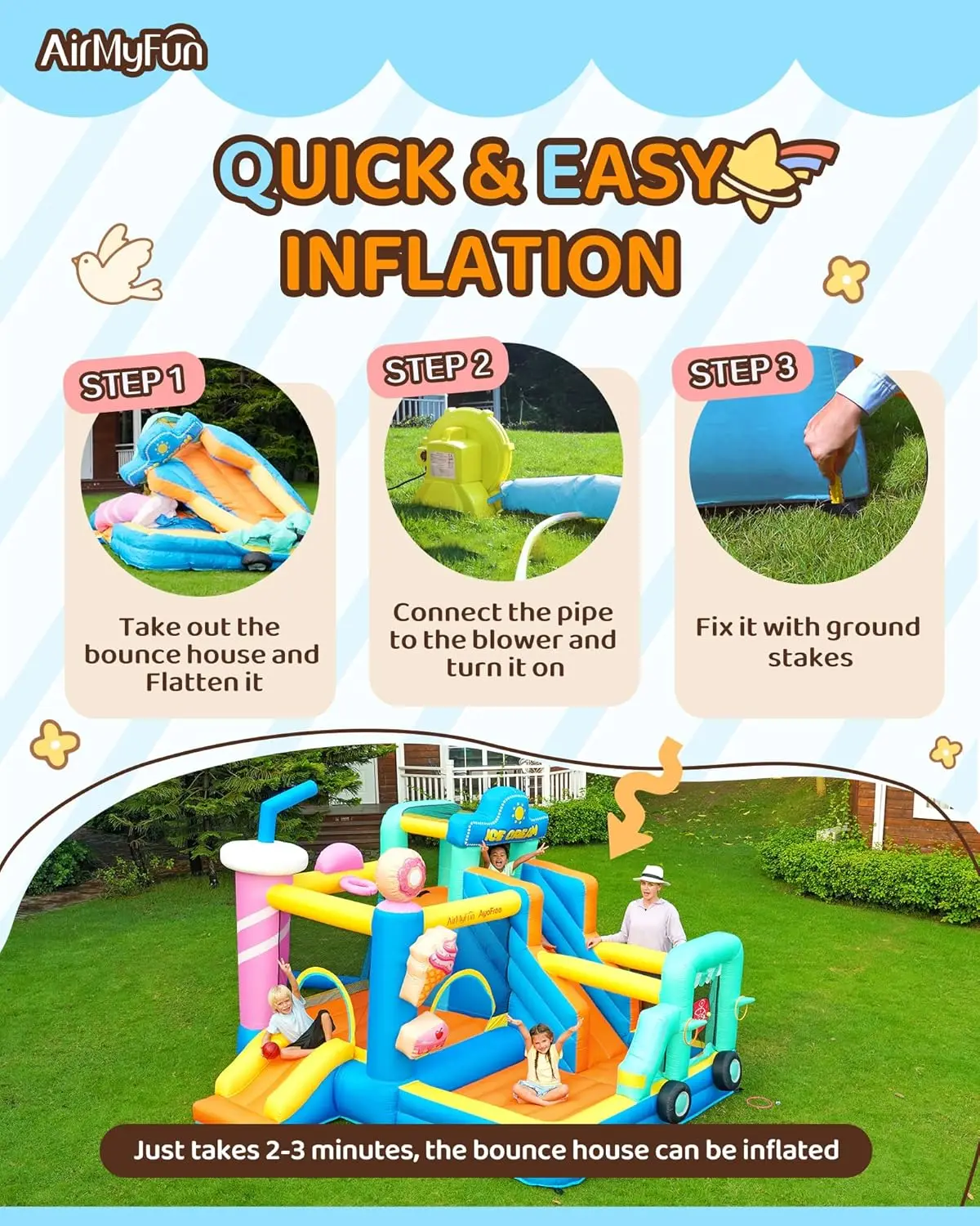 Casa inflable de rebote para niños grandes de 8 a 12 años, castillo hinchable para niños de 3 a 6 años, casa hinchable con tema de helado de doble diapositiva