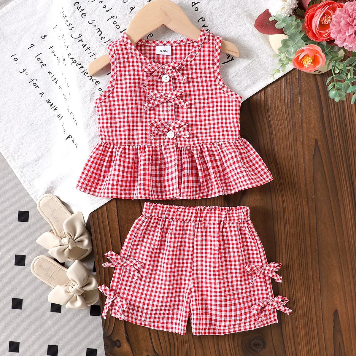 

Children's Clothing European and American Children's Clothing Girls Red Plaid Top Shorts Set Fashion Casual