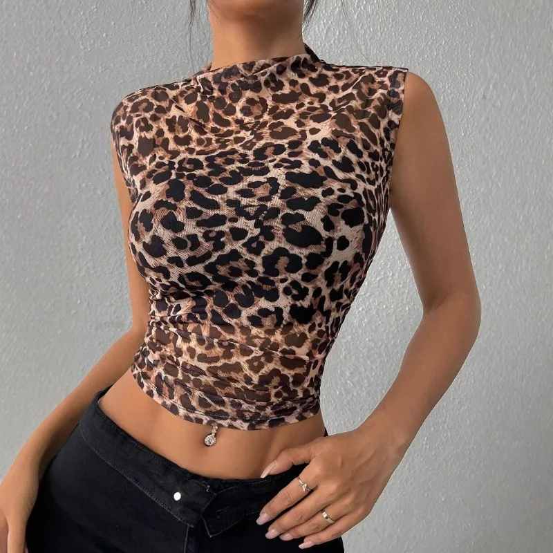 

2026 Summer New Women's Clothing Top Slim and Thin Sleeveless Leopard Print Stand-up Collar Sexy Women's T-shirt