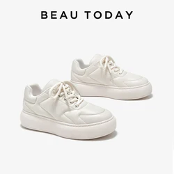 BEAUTODAY Casual Sneakers Women Genuine Cow Leather Solid Color Lace-up Round Toe Neutral Autumn Ladies Shoes Handmade 29723