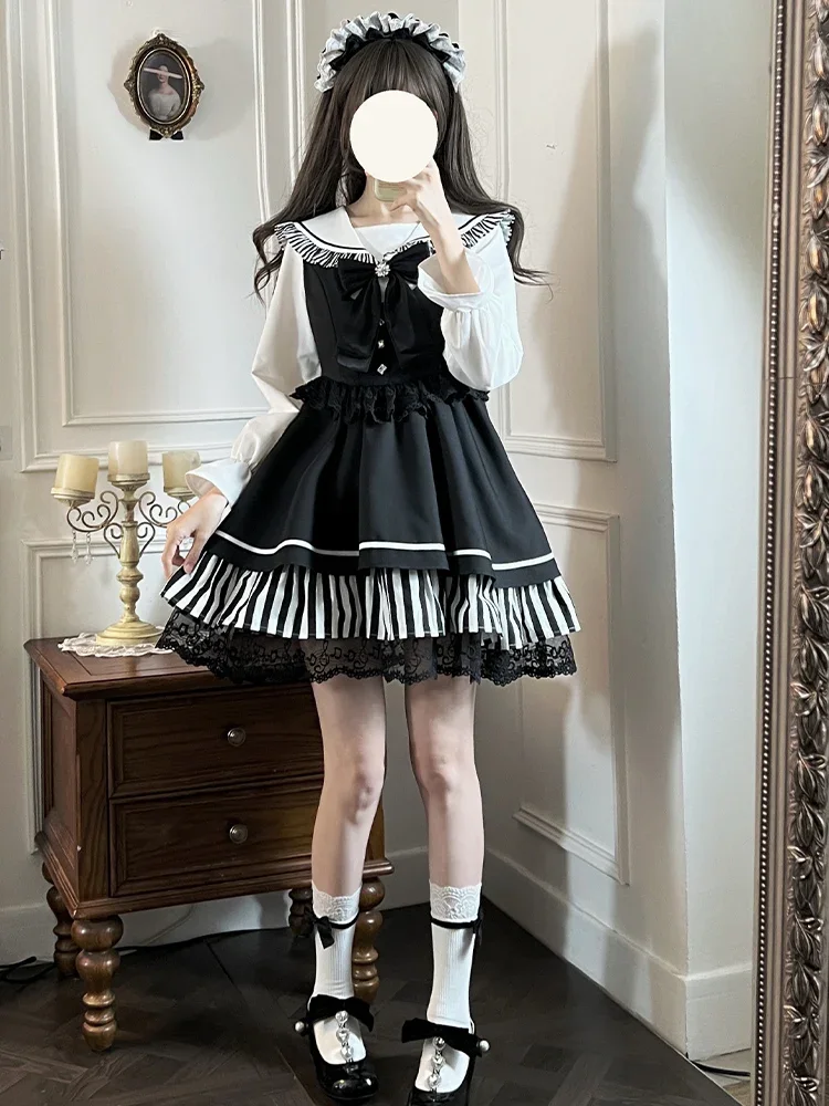 Japanese Rojita Sweet Mine Series Black Vest Dress Suit Lace Small Black Dresses Navy Collar Top Two-piece Sets Women's Clothing