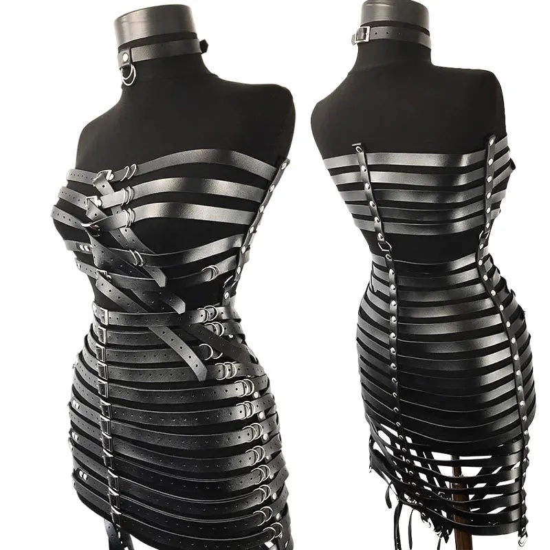 Sexy Leather Dress Nightclub Leather Erotic Performances Custome Adjustable BDSM Couple Sex