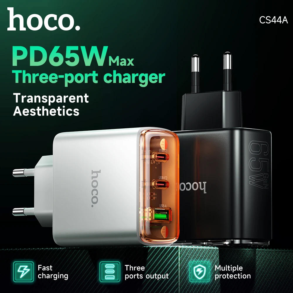 HOCO CS44A EU PD65W Dual USB C Fast Charging USB A Phone Charger For iPhone 15/14/13/12 Pro Max Quick Charger For Tablet Laptop