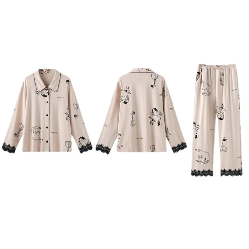 2024 New Pajama Women's Thin Spring Autumn Lace Edge Sleepwear Pure Cotton Long Sleeved Pants Flip Collar Cardigan Homewear Set