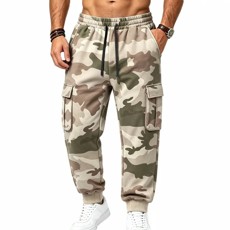 2026 European Camouflage Fleece-Lined Work Sweatpants Outdoor Camouflage Trendy Hip-Hop Loose Commuter Men's Pants