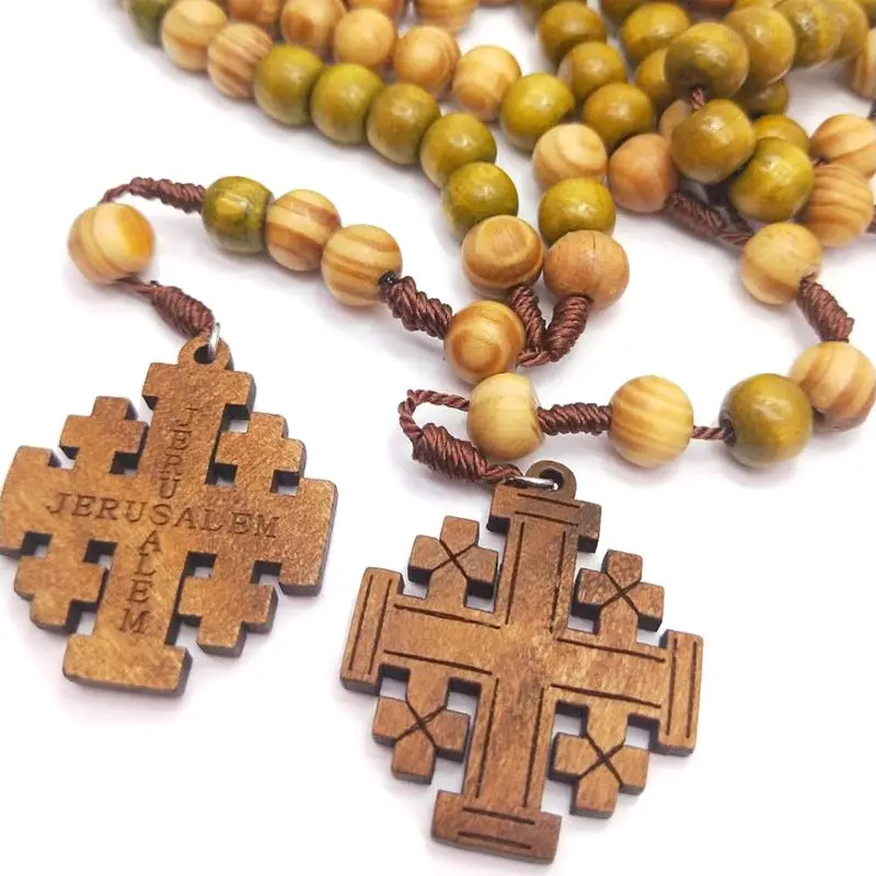 2024 New Jesus Wooden Prayer Beads 10mm Rosary for Cross Necklace Pendant Woven Rope Chai