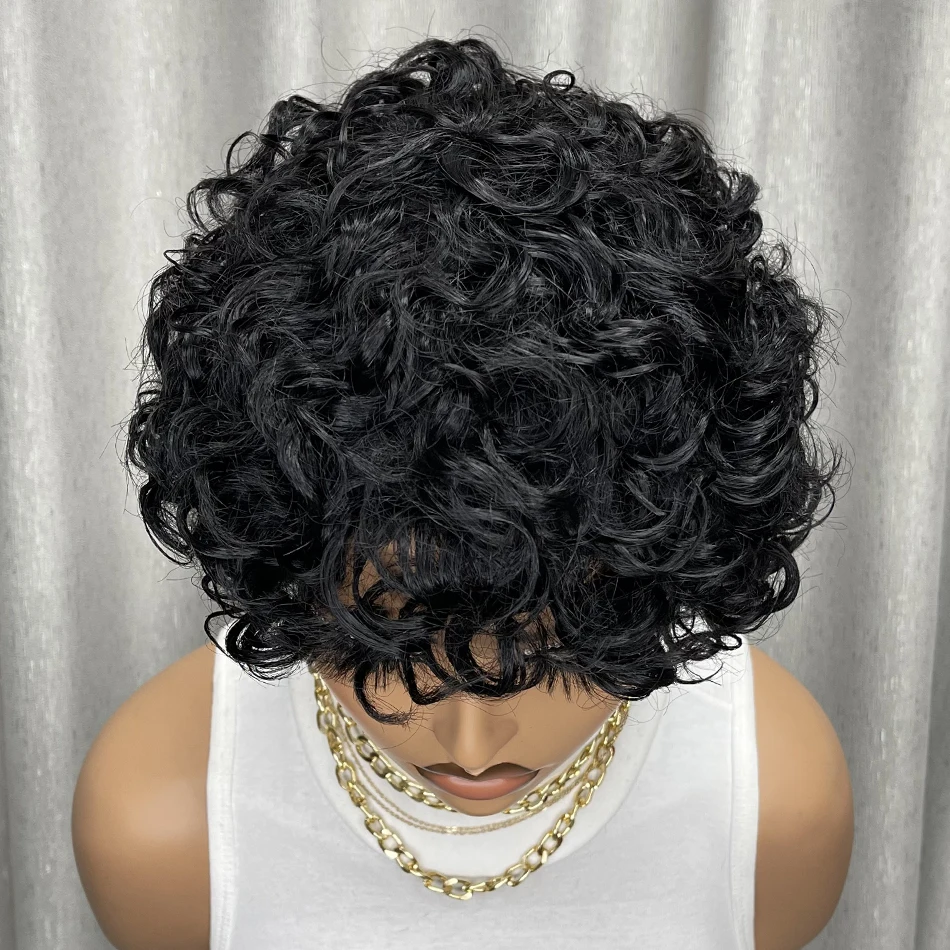 غريب شعر بشري مجعد شعر مستعار قصير بوب مع الانفجارات للنساء السود آلة صنع الأفرو مجعد نمط قبل قطعها نظرة طبيعية شعر مستعار يومي #3