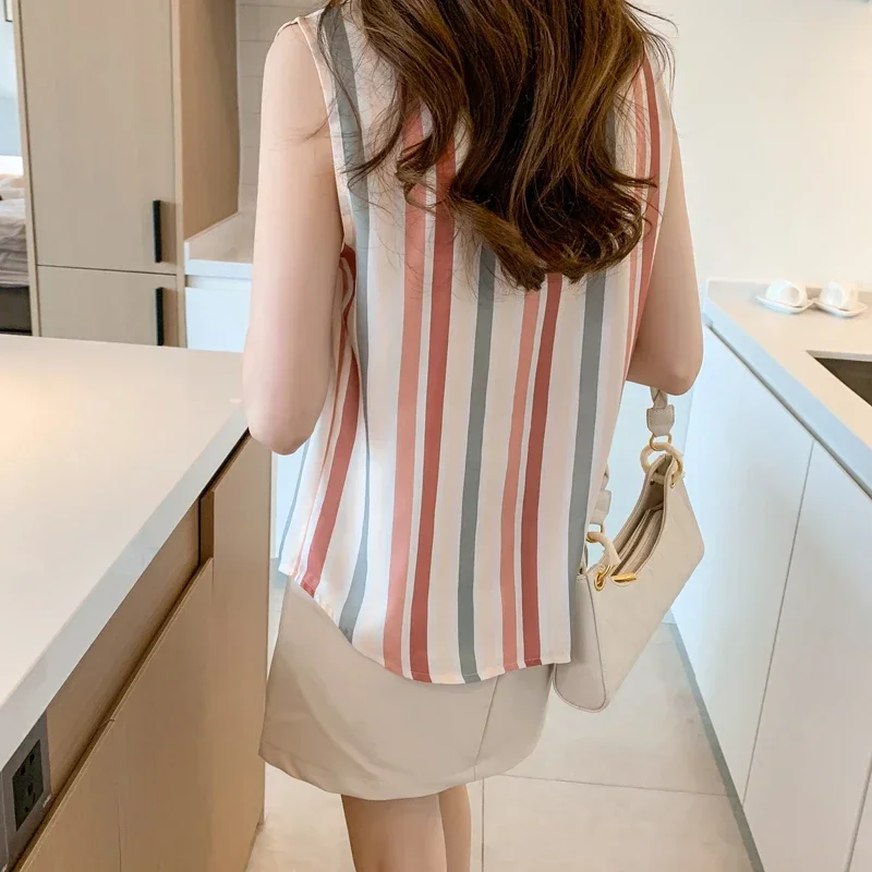 2024 New Chiffon Summer Women\'s Blouse Casual Fashion Simplicity Tops Stripe Sleeveless Lapel Collar Shirt